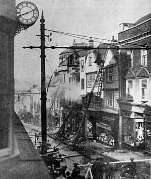 A fire in Fore Street during the 1930s.