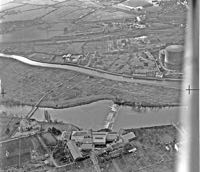 An aerial view of Trews Weir and the canal, with the Welcome Inn