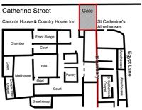 Plan of the Almshouses and Canon's House with the gate marked in red