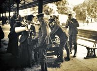 Workers for the Mayoress giving soldiers refreshments at Queen Street Station.