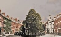 A coloured postcard showing the Earl of Devon's statue